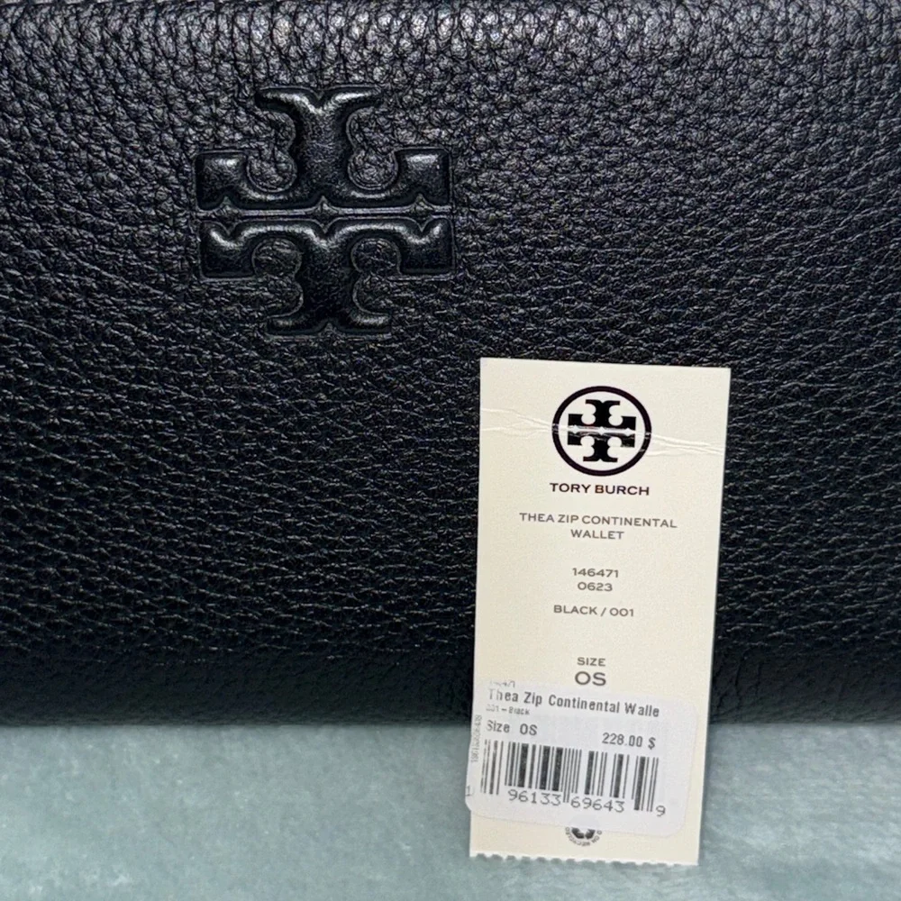 Tory Burch Black Pebbled Leather Thea Zip Continental Wallet